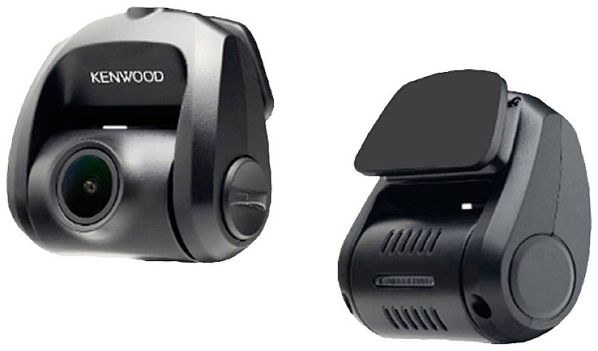 Twee zwarte Kenwood dashcams; links met cameraweergave, rechts met achterkant zichtbaar.