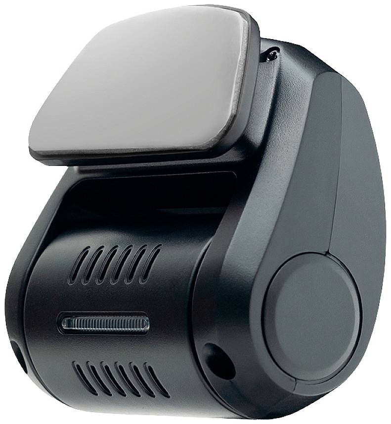 Een zwart, compact camerabehuizing met een rechthoekige, opklapbare deksel, vermoedelijk een auto-dashcam of beveiligingscamera.
