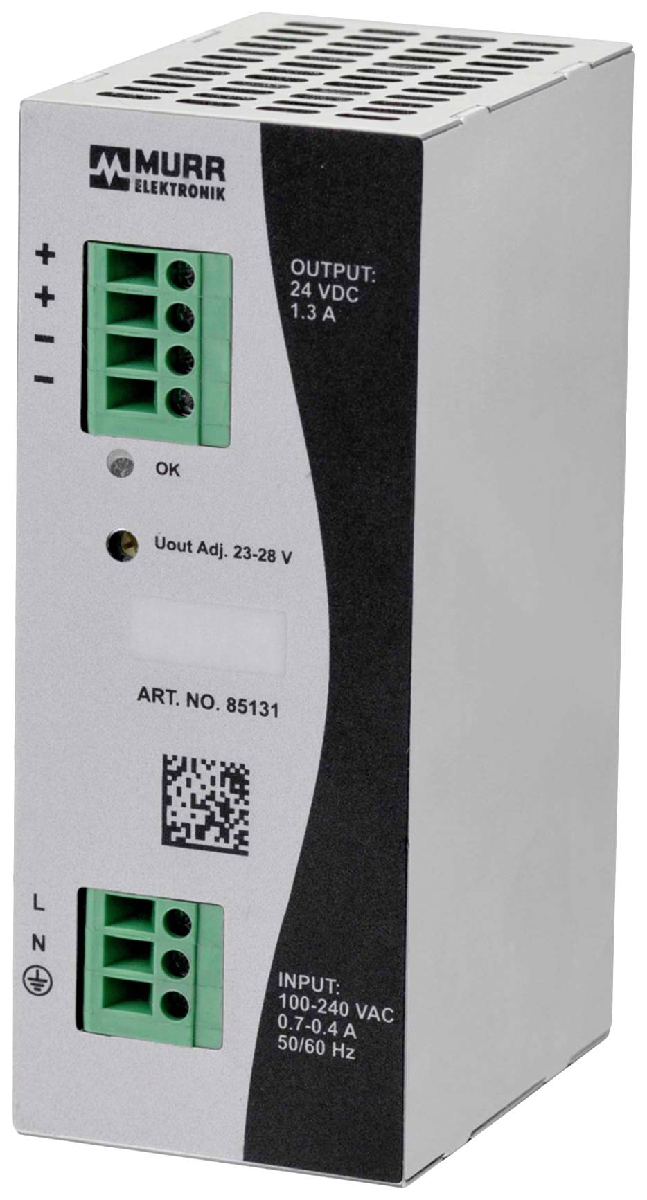 Voedingseenheid van Murr Elektronik met ingang van 100-240 VAC en uitgang van 24 VDC, 1,3 A, modelnummer 85131.