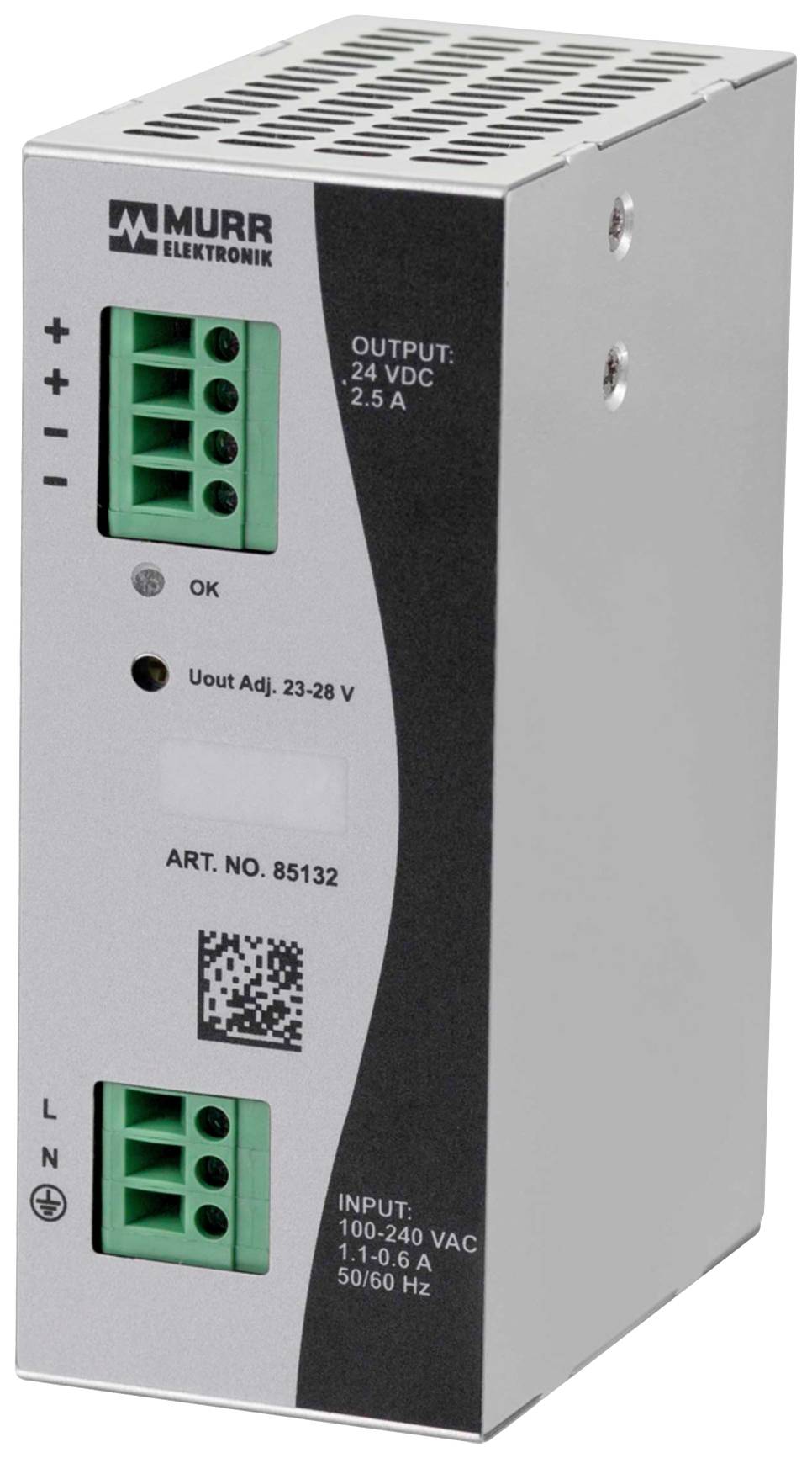 Een schakelvoeding met de opschriften: 'Output: 24 VDC, 2.5 A', 'Uout Adj. 23-28 V', 'Input: 100-240 VAC, 1-0.6 A, 50/60 Hz'.