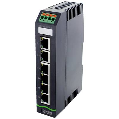 Een Ethernet-switch van Murrelektronik met zes RJ45-poorten en LED's, geschikt voor industriële automatisering.