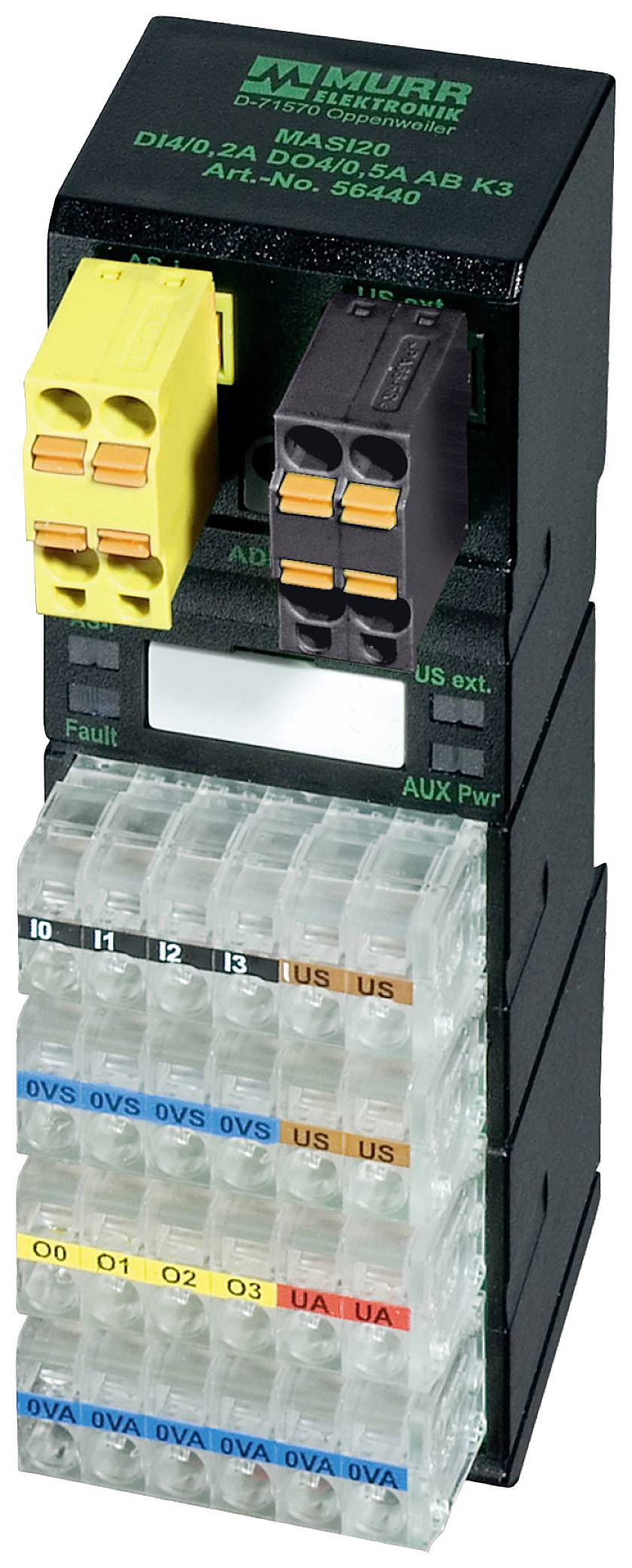 Elektronische module met steekverbinders, knoppen en LED-indicatoren. Geel en zwart gemarkeerde aansluitingen, meerdere genummerde poorten.