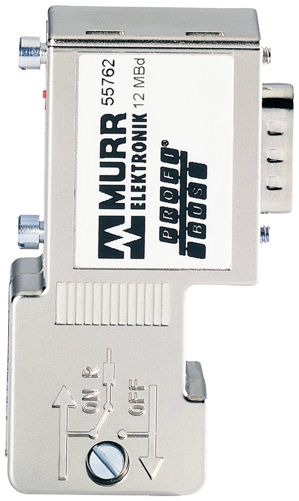 Adapter van Murr Elektronik met opschrift 'PROFIBUS'. Zilveren behuizing met AAN/UIT-schakelaar, vermoedelijk voor industriële toepassingen.
