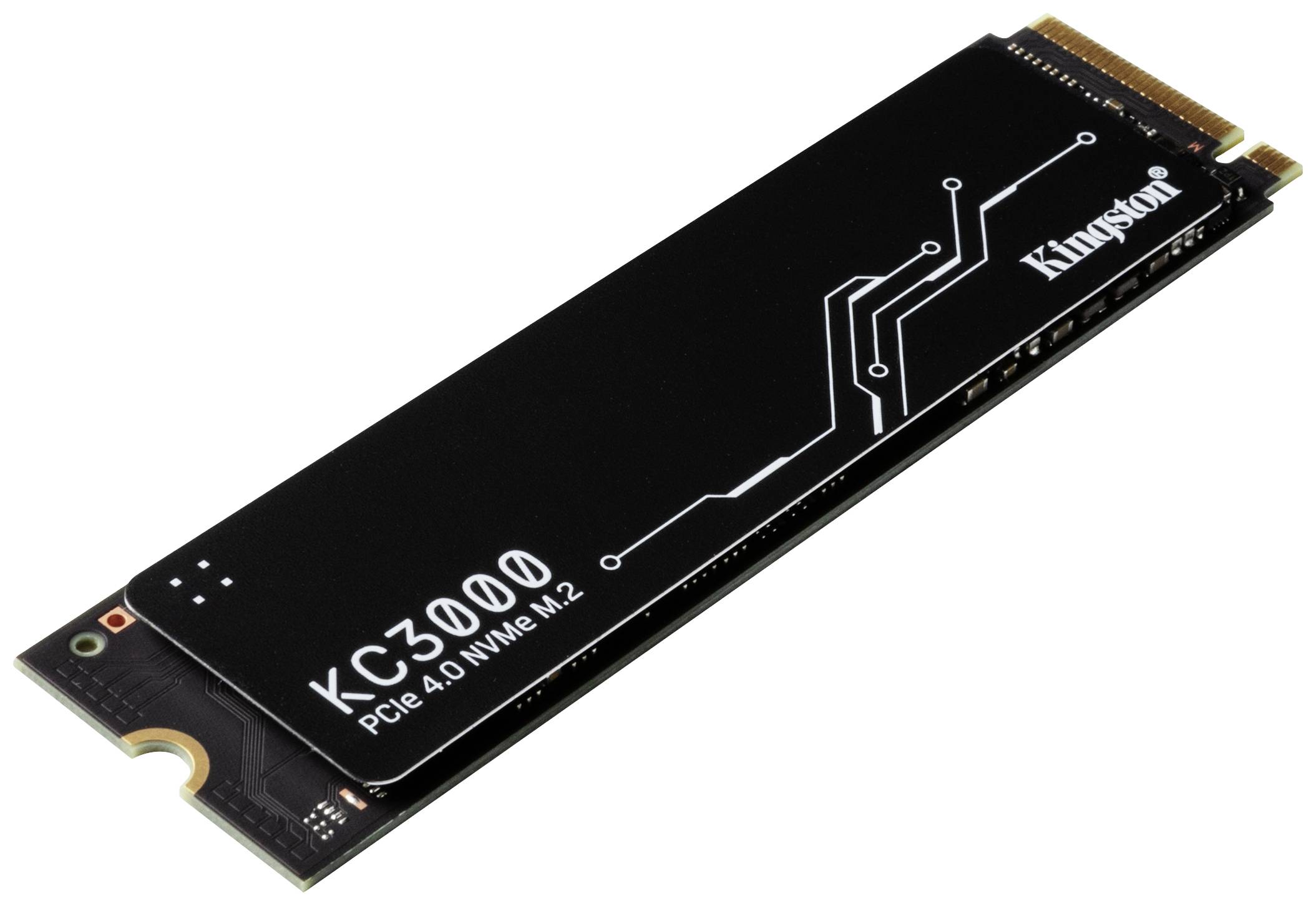 Kingston KC3000 PCIe 4.0 NVMe M.2 SSD op witte achtergrond. Zwarte kaart met wit printpatroon en zilveren tekst.