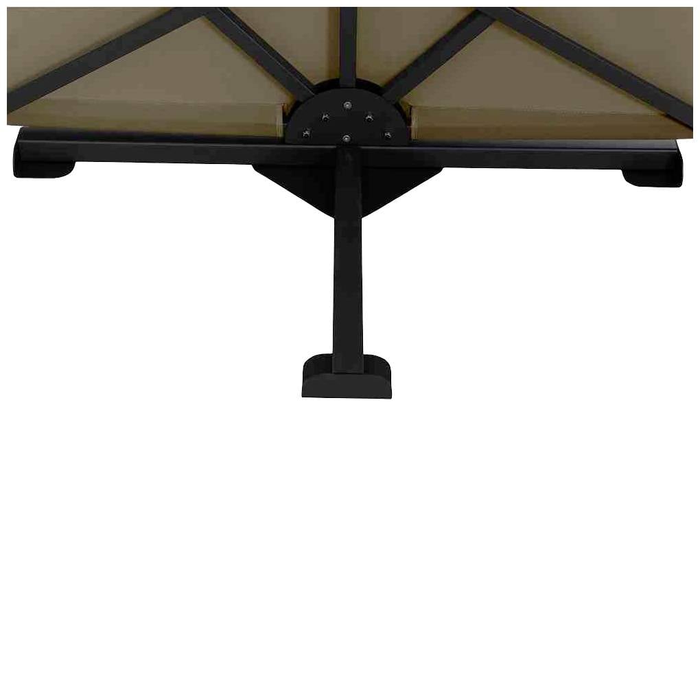 Een zwarte metalen sokkel met drie poten die een bruine tafel ondersteunt, gezien van onderen.
