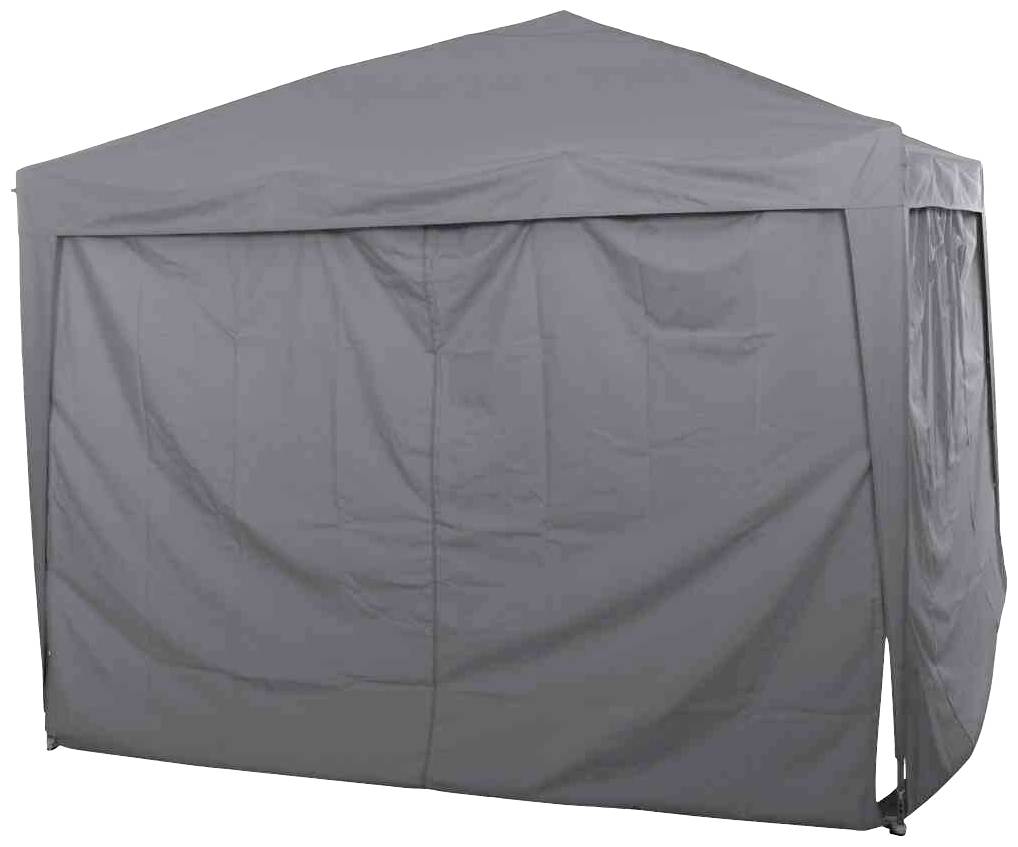 Grijs, gesloten tent met een puntig dak en verborgen zijwanden, geschikt voor buitenevenementen en tijdelijke bescherming tegen de weersomstandigheden.