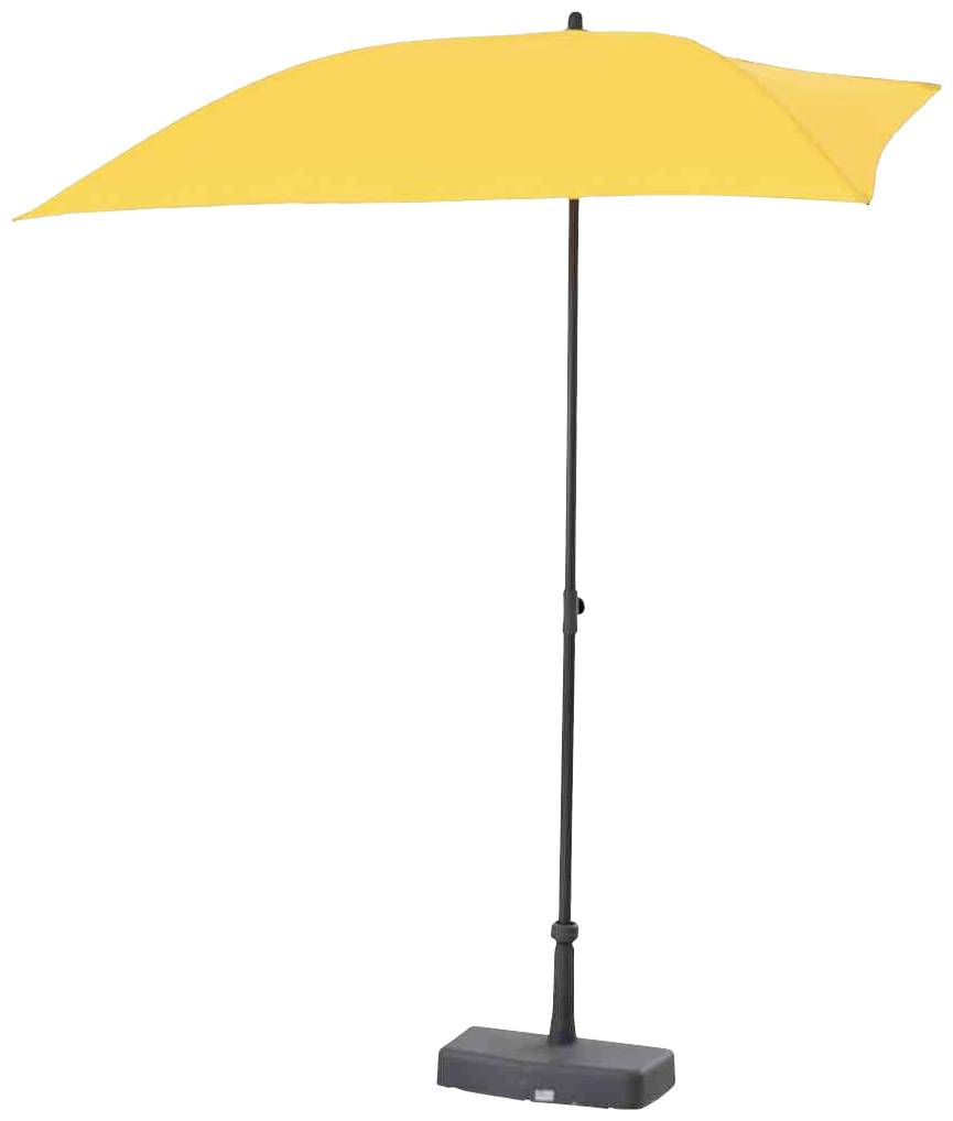 Gele parasol met zwarte standaard en rechthoekige voet, rechtop geplaatst.