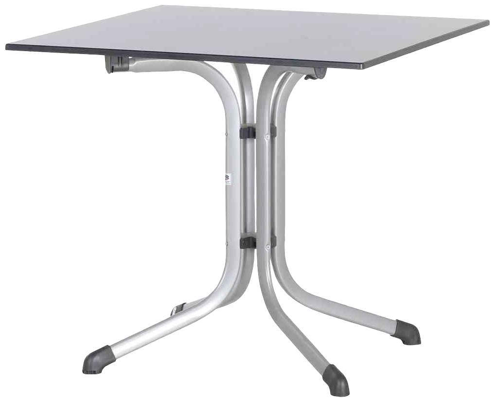 Een vierkante tafel met een zwart blad en zilveren metalen poten, geschikt voor kantoor- of eetruimtes.