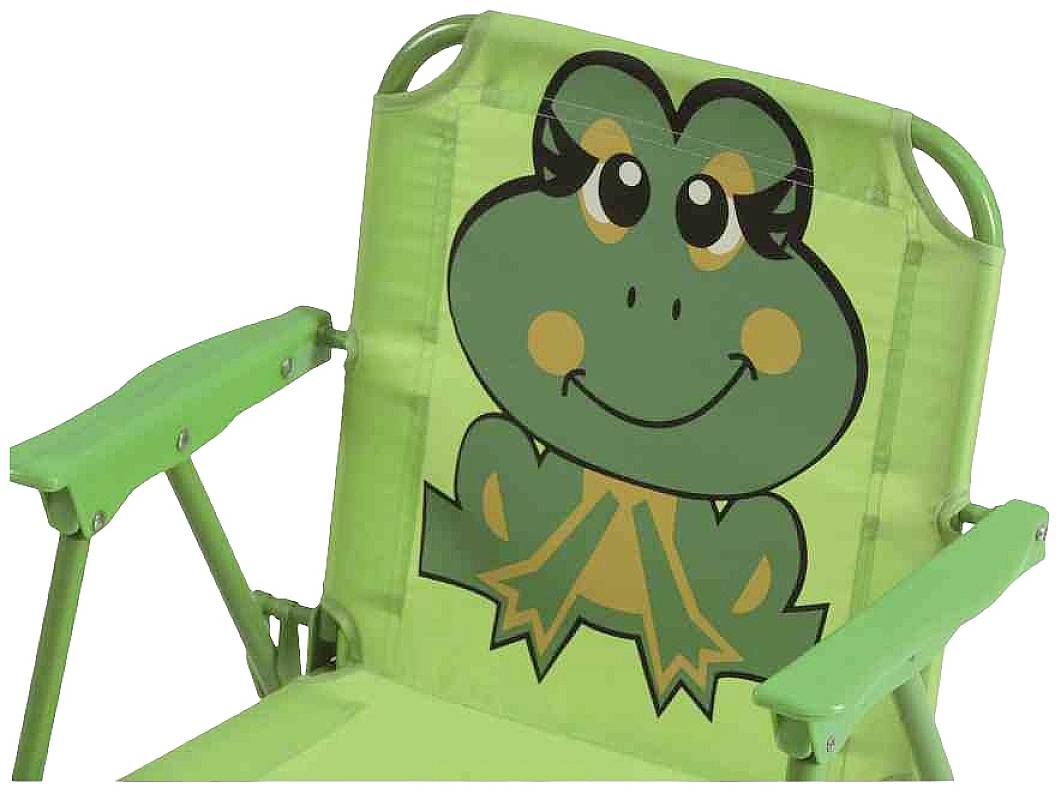 Groene kinderstoel met een vrolijk kikkerpatroon op de rugleuning, geschikt voor gebruik buitenshuis.