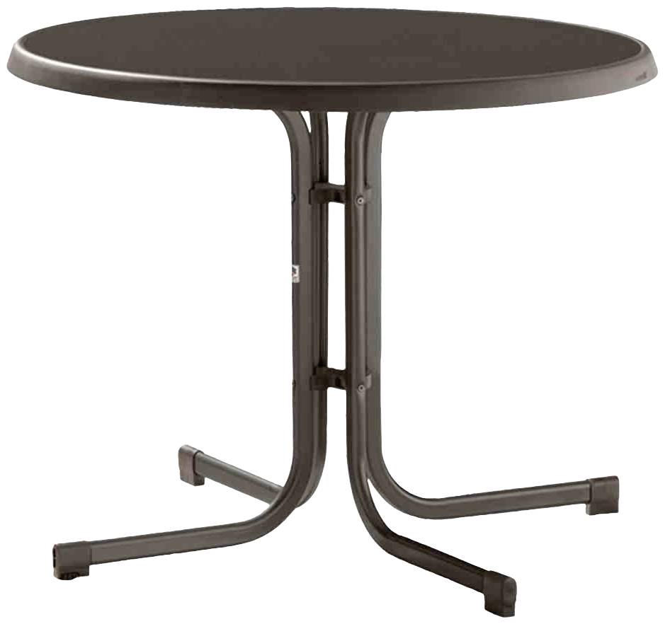Ronde tafel met een donkere, gladde oppervlakte en gebogen metalen poten.