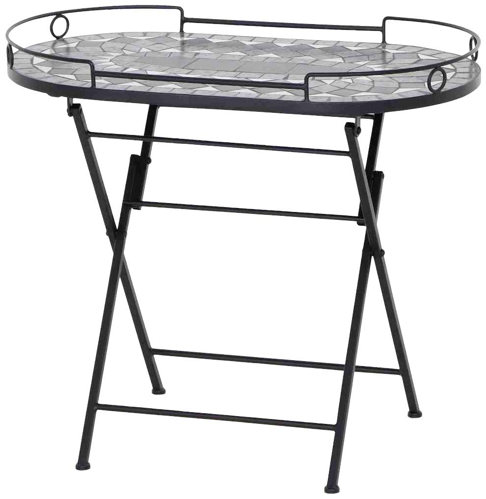 Een ronde klaptafel met decoratief mozaïekoppervlak en zwart metalen frame. Ideaal voor tuin of balkon.