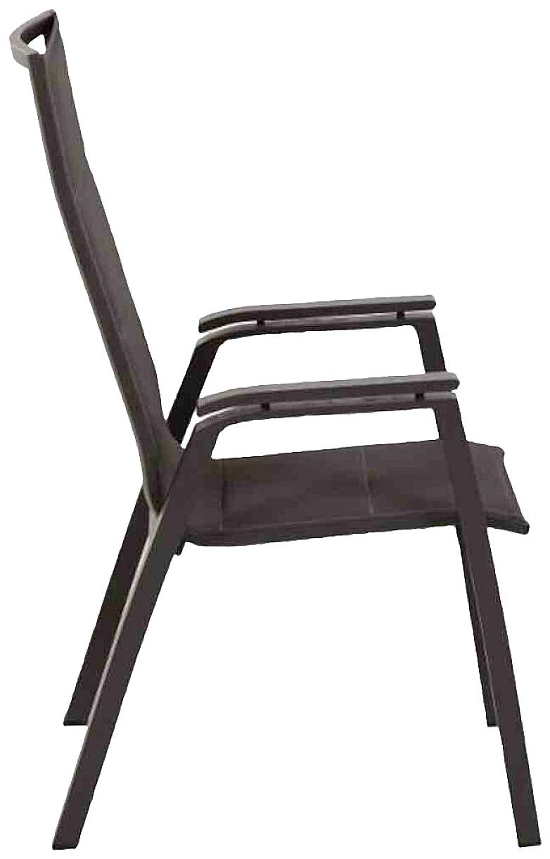 Moderne stoel in zijaanzicht met hoge rugleuning en armleuningen van donker hout. Ideaal voor kantooromgevingen.