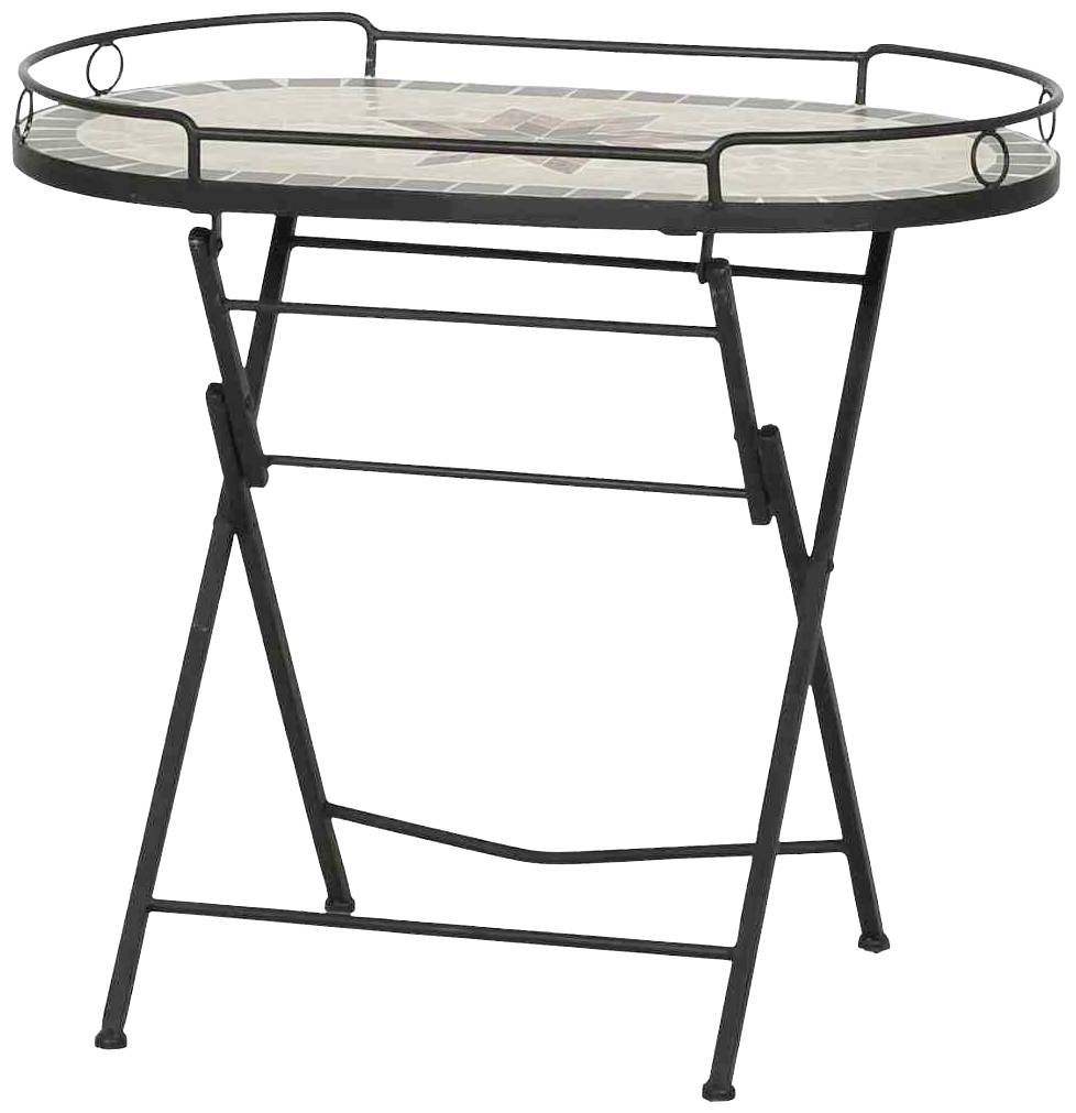 Een opvouwbare, ronde metalen tafel met een mozaïekpatroon op het tafelblad, geschikt voor gebruik binnen- of buitenshuis.
