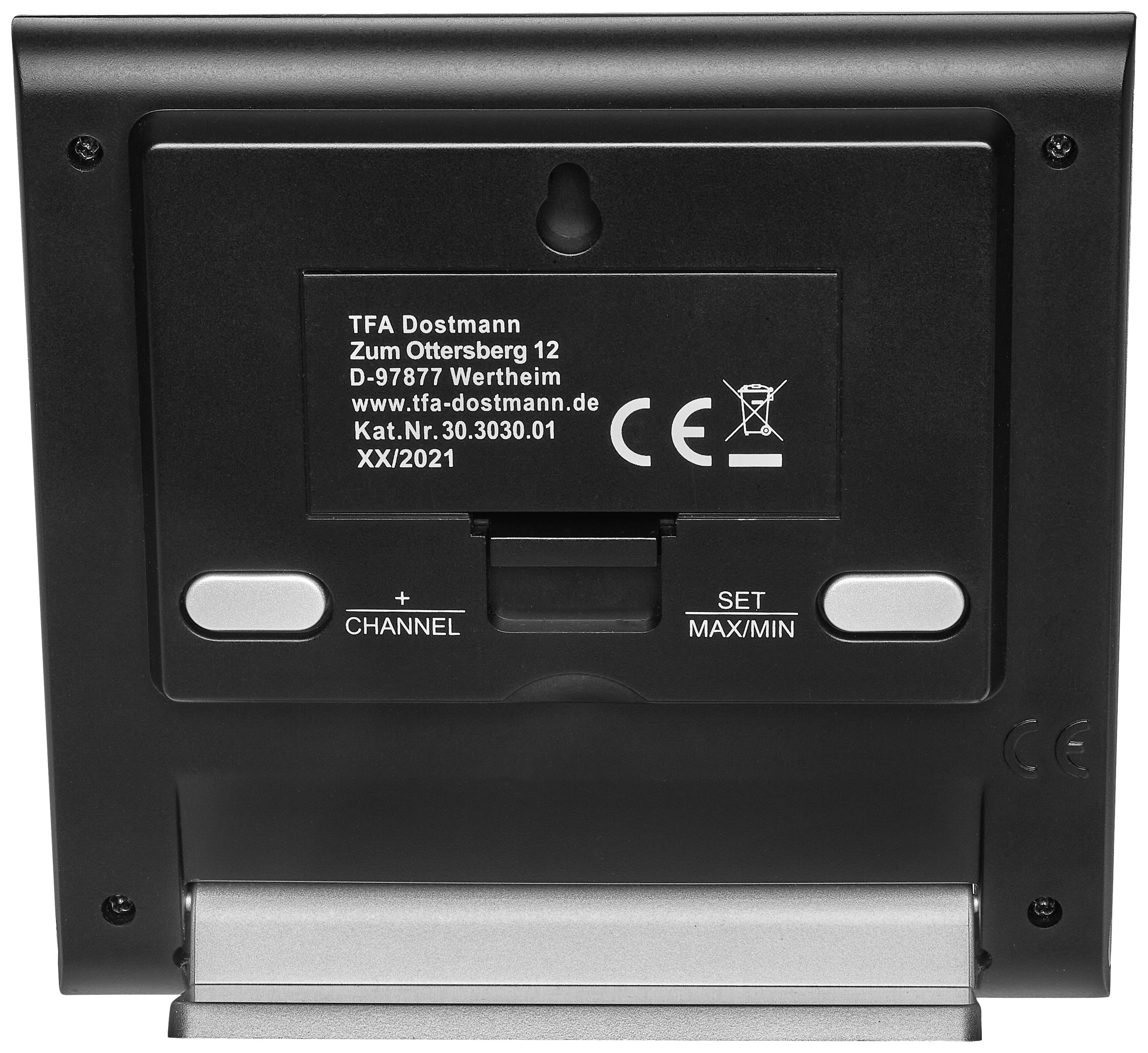 Achterkant van een digitaal apparaat met knoppen voor kanaal- en instellingsinstellingen. Tekst toont het adres van de fabrikant en het modelnummer.