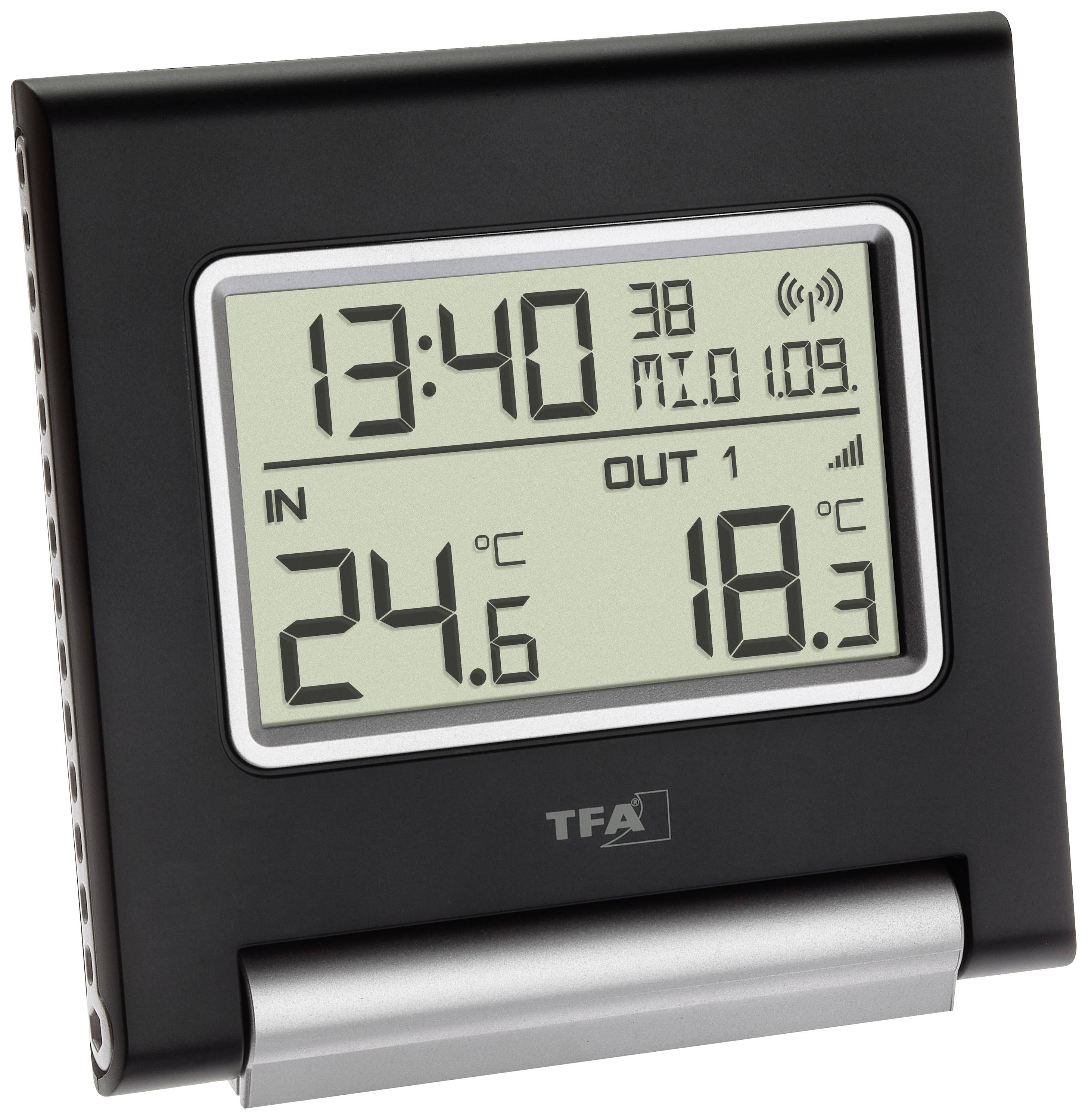 Digitale thermometer met binnen- en buitentemperatuurweergave. Toont 24,6°C binnen en 18,3°C buiten, tijd 13:40.