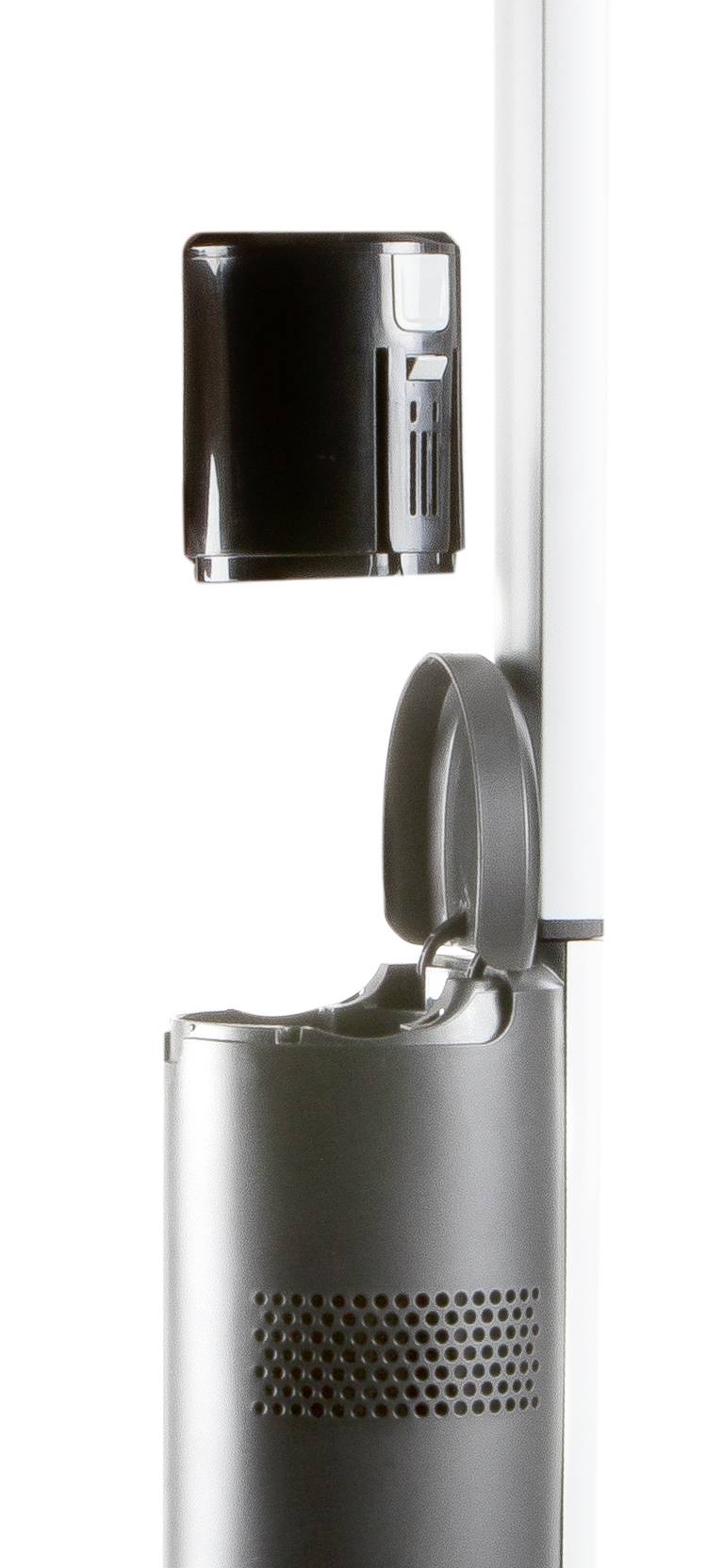 Een apparaat met een zwarte behuizing op een witte standaard. Het heeft een cilindrische vorm met ventilatiesleuven onderaan.