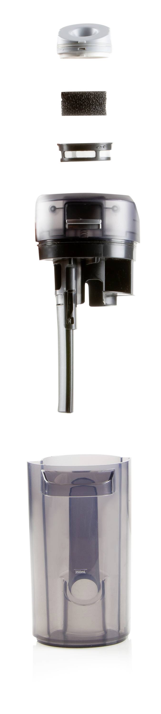 Geëxplodeerde weergave van een waterfiltercomponent met meerdere lagen en onderdelen, inclusief behuizing, zeef, afdichtingen en container.