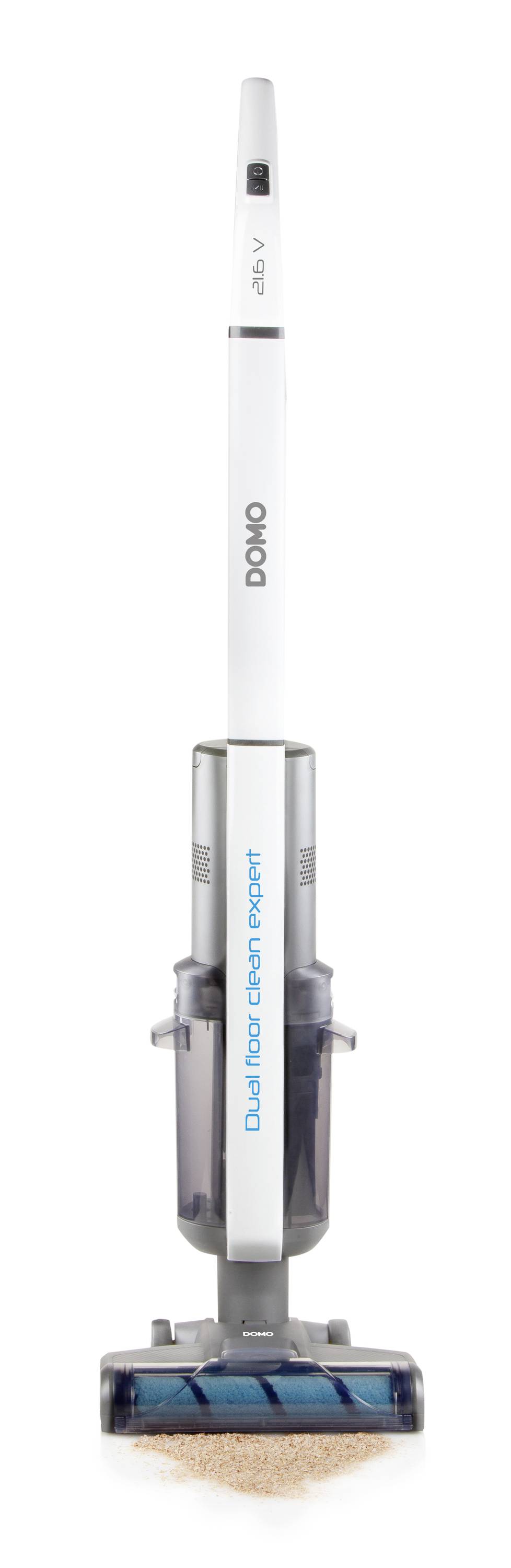 Een witte draadloze stofzuiger met grijze accenten staat rechtop. Het opschrift 'Domo Dual Motor Stofzuiger' is zichtbaar.