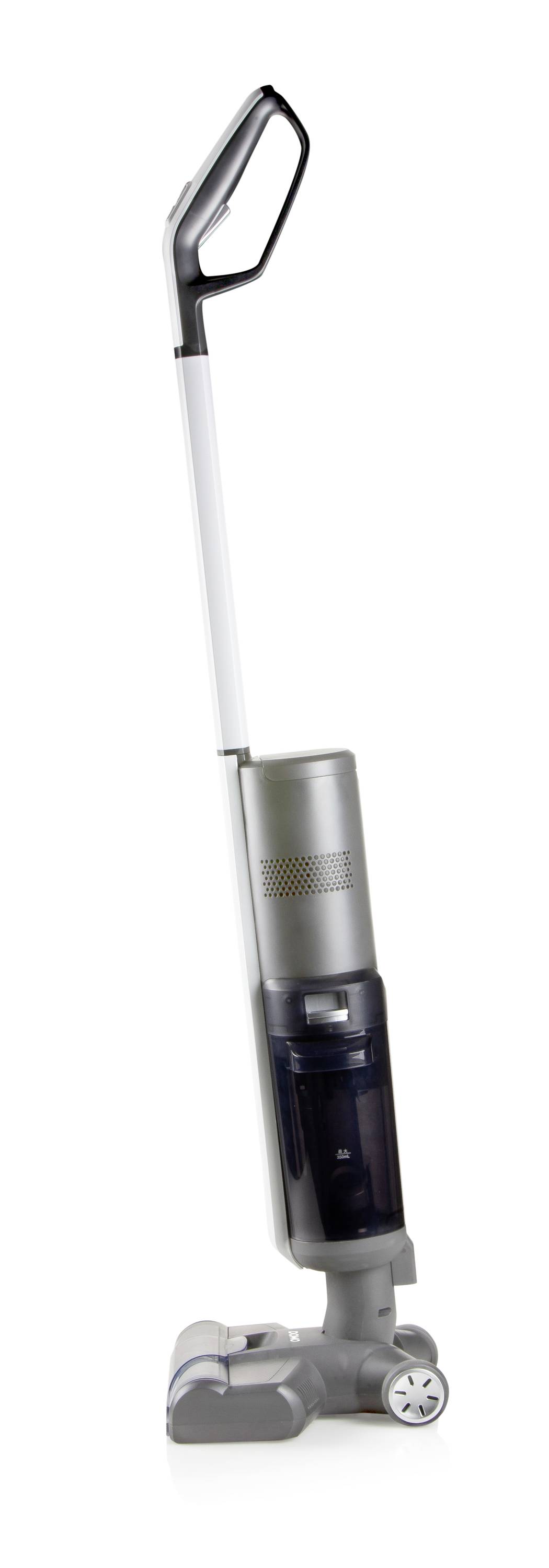 Draadloze, grijze stofzuiger in zijaanzicht, toont modern, smal ontwerp met ergonomische handgreep.