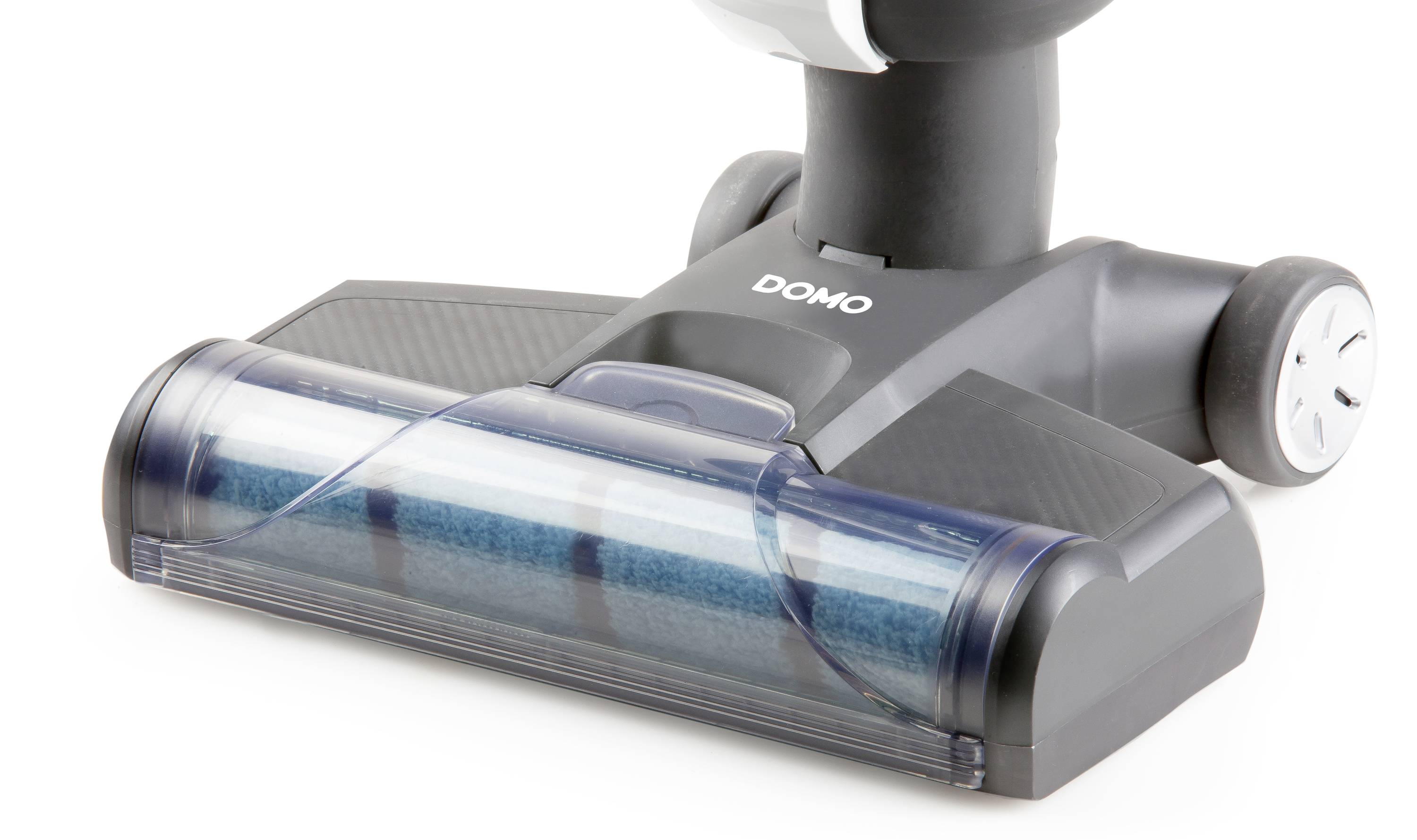 Stofzuiger met blauwe rolborstel op witte achtergrond. Reiniging, huishoudelijk apparaat.