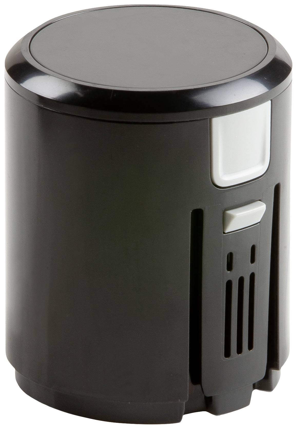 Zwarte cilindrische container met ventilatiesleuven en een klep, vermoedelijk een vuilcontainer of prullenbak.