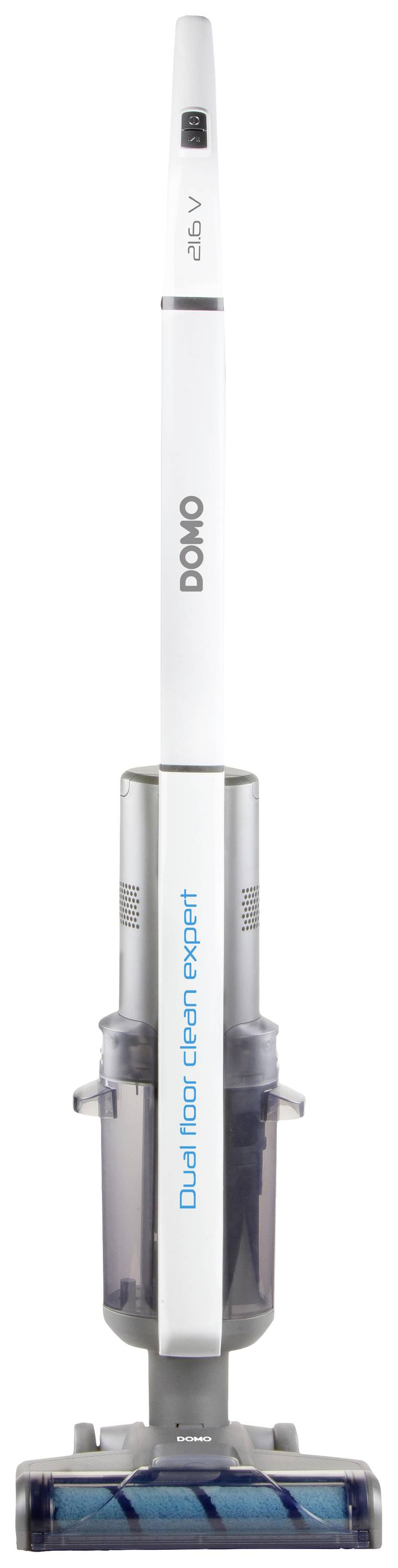 'Duale Functionaliteit Reinigingsapparaat' van Domo in Wit met blauwe tekst. Bevat stofzuiger- en dweilfunctie.