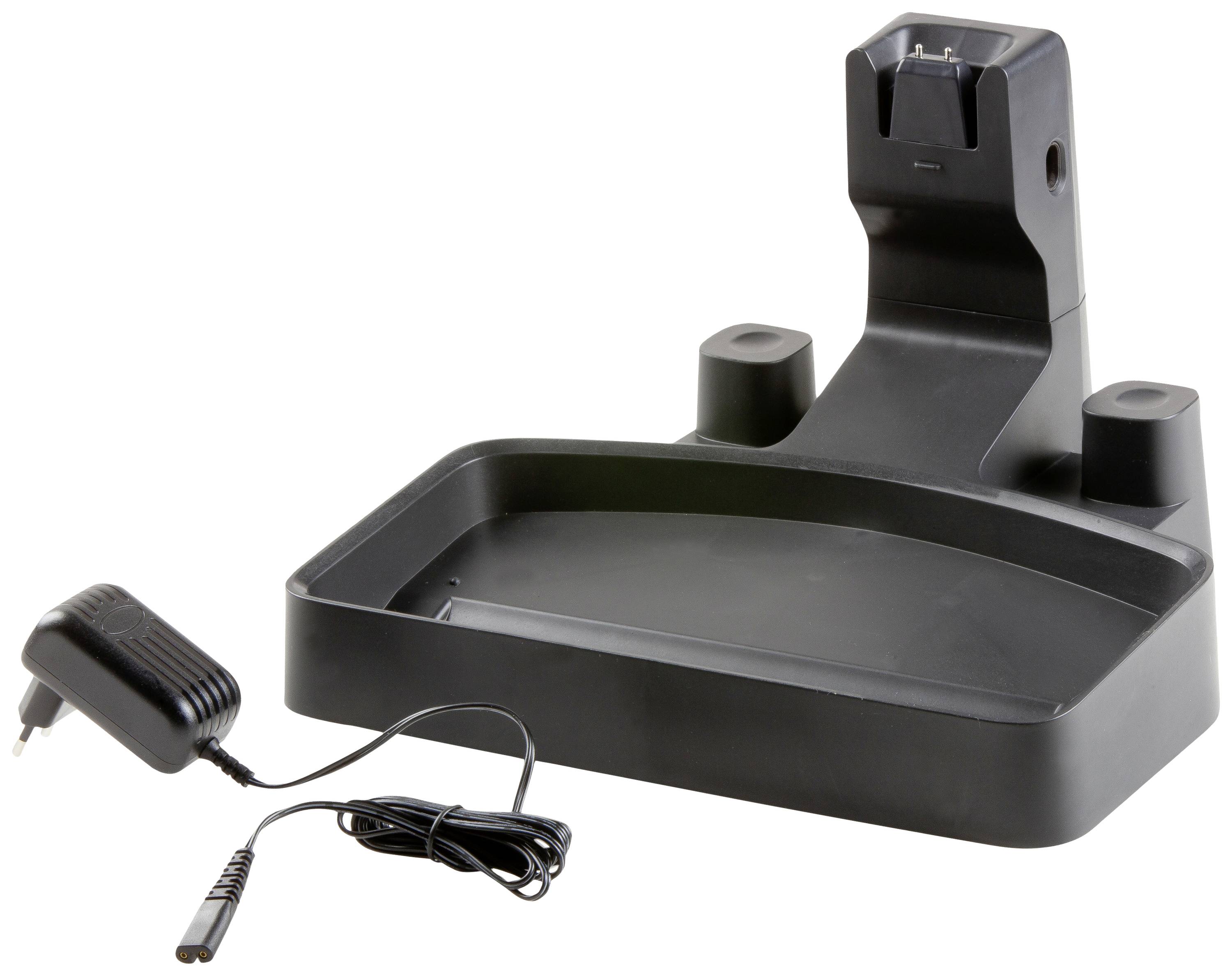 Zwarte laadbasis met aansluitkabel voor elektrische apparaten, rechthoekige vorm met rechtopstaande aansluitsleuf voor het opladen van een apparaat.