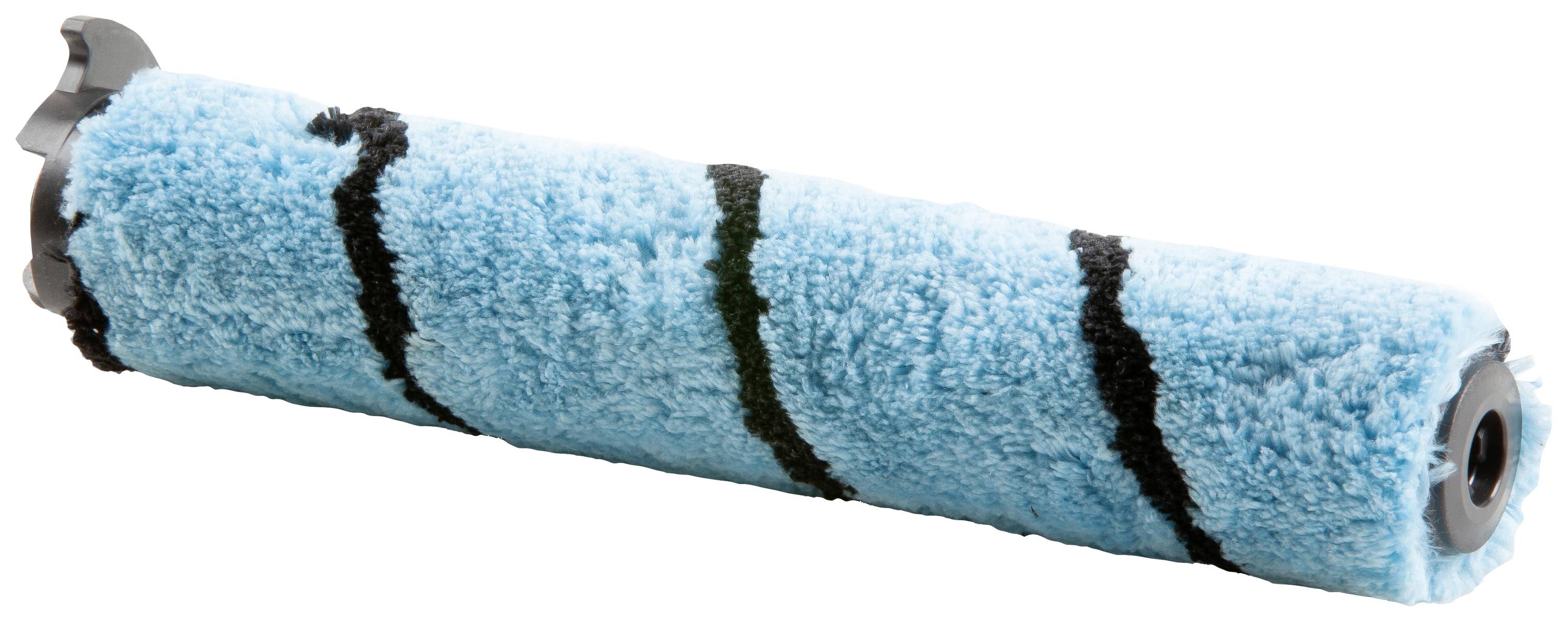 Blauwe rol voor tapijtreiniging met zwarte strepen, geschikt voor het reinigen van zachte oppervlakken.