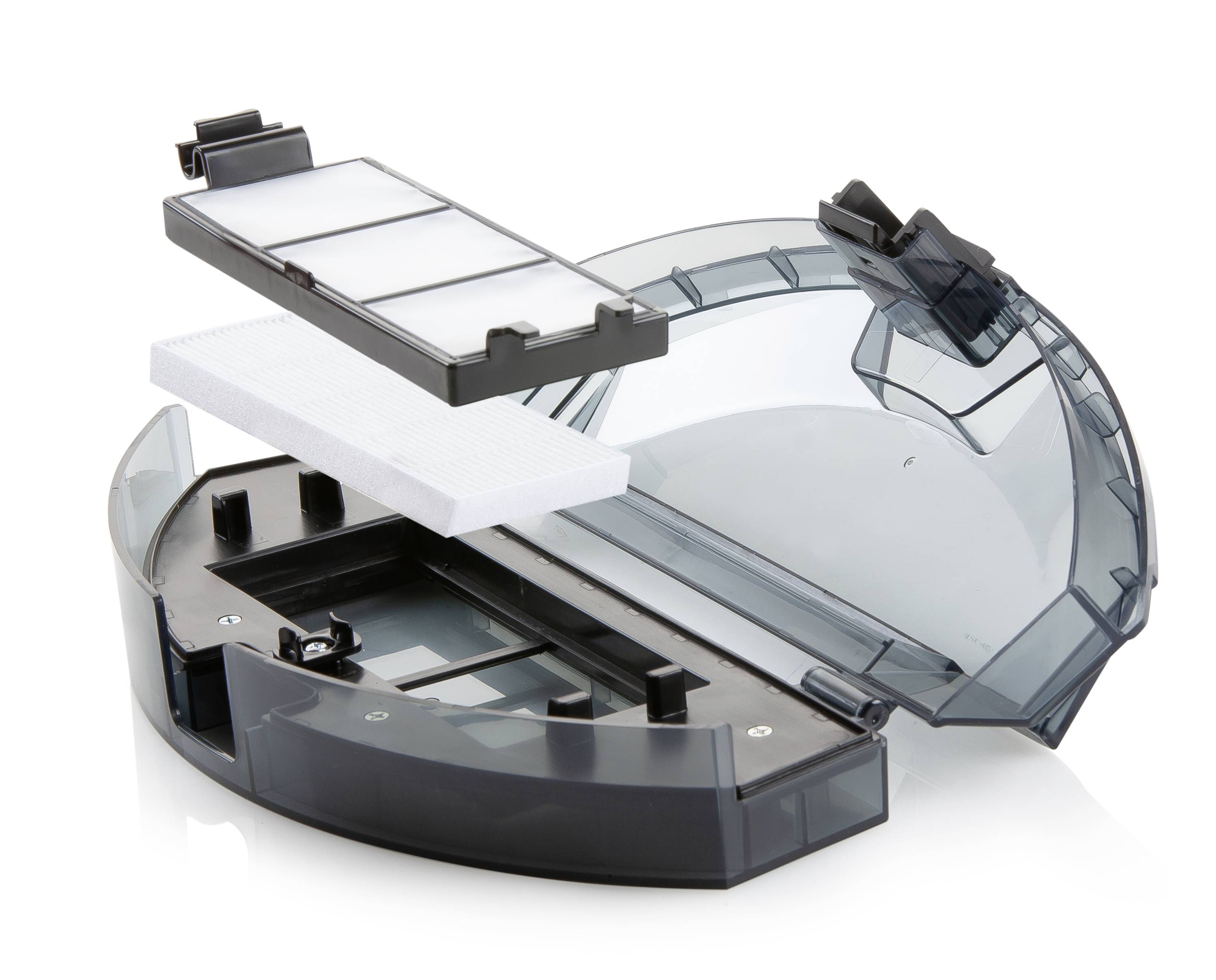 Een geopende stofcontainer van een robotstofzuiger met zichtbaar HEPA-filter en spons.