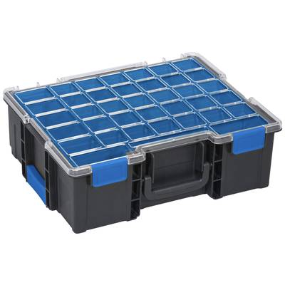 Een zwarte gereedschapskoffer van kunststof met een transparante, blauwe dekselindeling, geschikt voor het opbergen van kleine onderdelen.