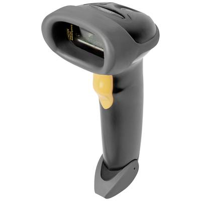 'Een zwarte handscanner met een oranje knop, voor het scannen van barcodes, tegen een witte achtergrond.'