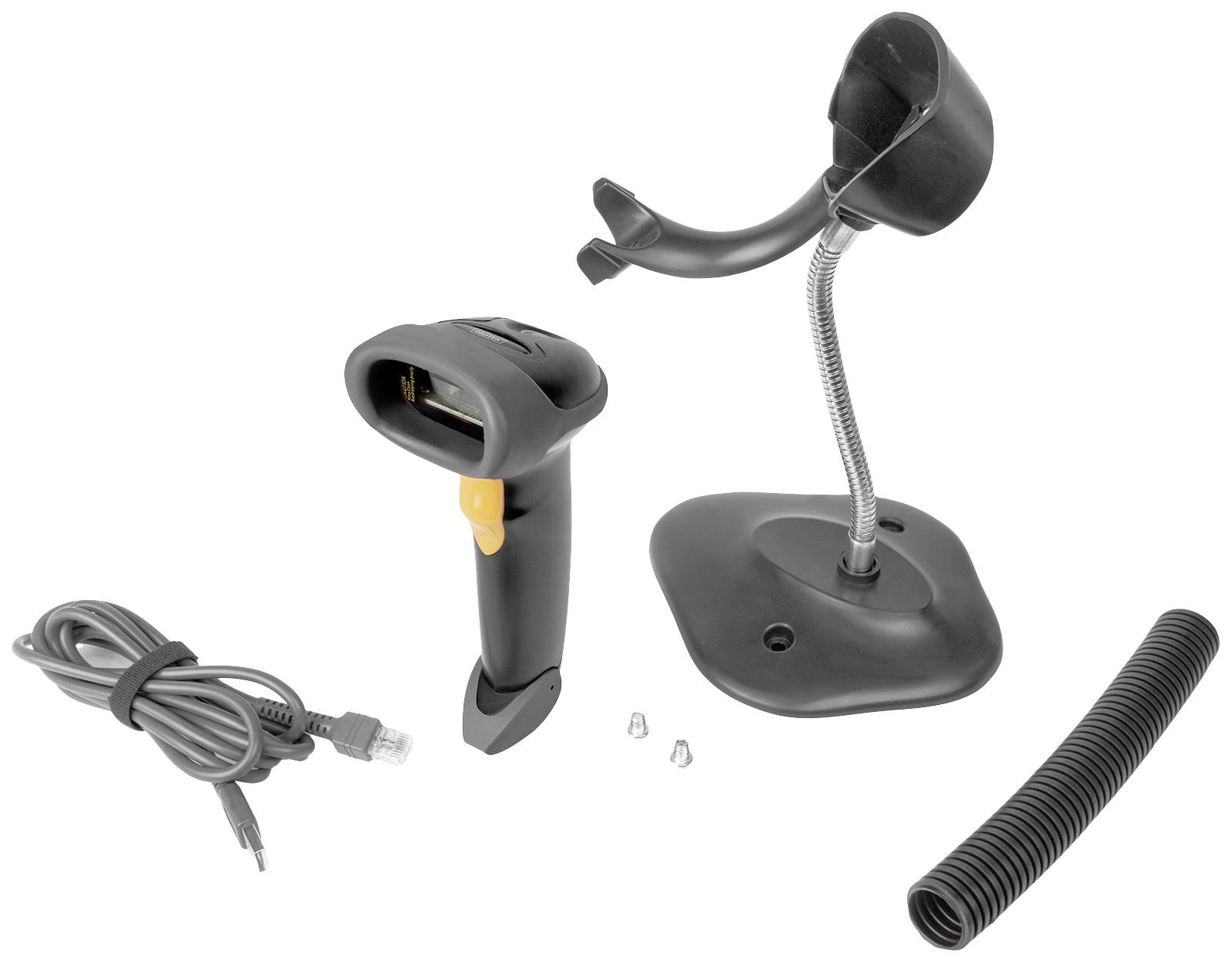 Draadloze barcodescanner met standaard, schroeven, kabel en beschermhuls. Onderdelen voor montage en installatie.