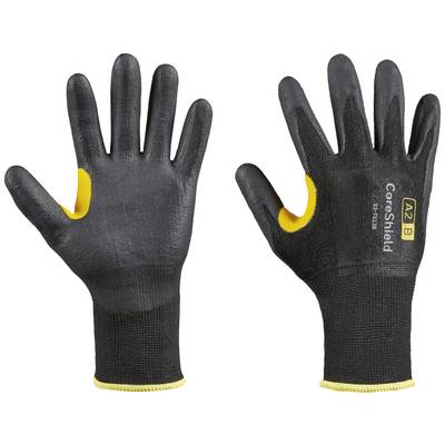Zwarte beschermende handschoenen met gele details op de duim en de pols.