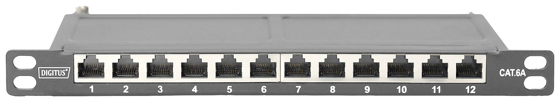 'Patchpanel met 12 Ethernet-poorten, doorgenummerd van 1 tot 12. Geschikt voor CAT6-bekabeling, merknaam aan de linkerzijde.'