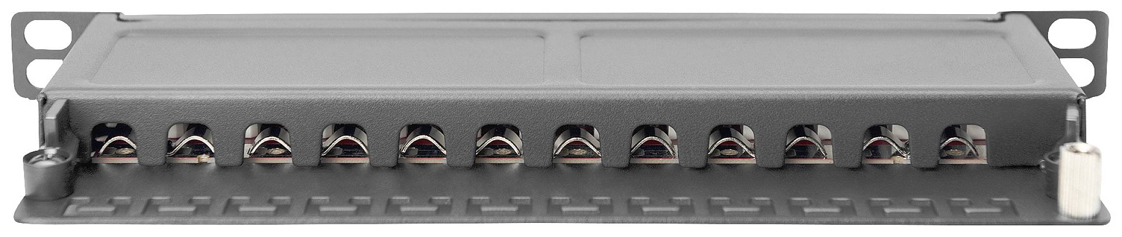 Een zwart, rechthoekig apparaat met 12 kleine openingen, mogelijk voor bekabeling, in een metalen behuizing.