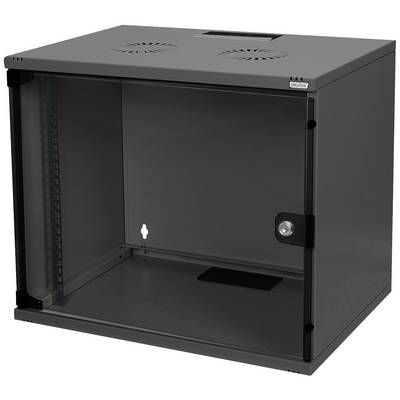 Grijze wandnetwerkkast met glazen deur, geschikt voor de opslag van netwerkapparatuur. Bovenkant heeft ventilatiesleuven.
