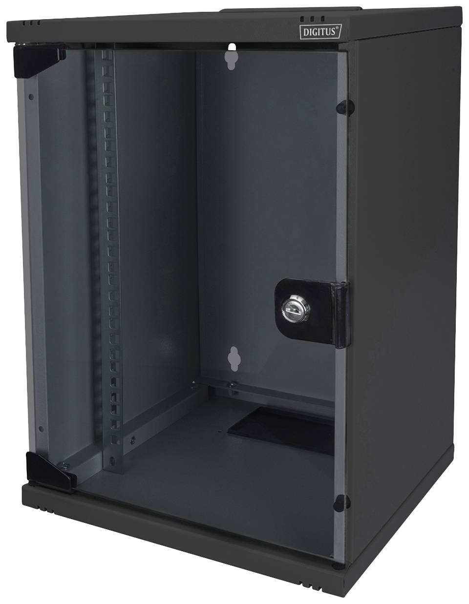 Zwarte metalen wandkast met glazen deur, open en leeg, geschikt voor elektronische apparaten of netwerkapparatuur.