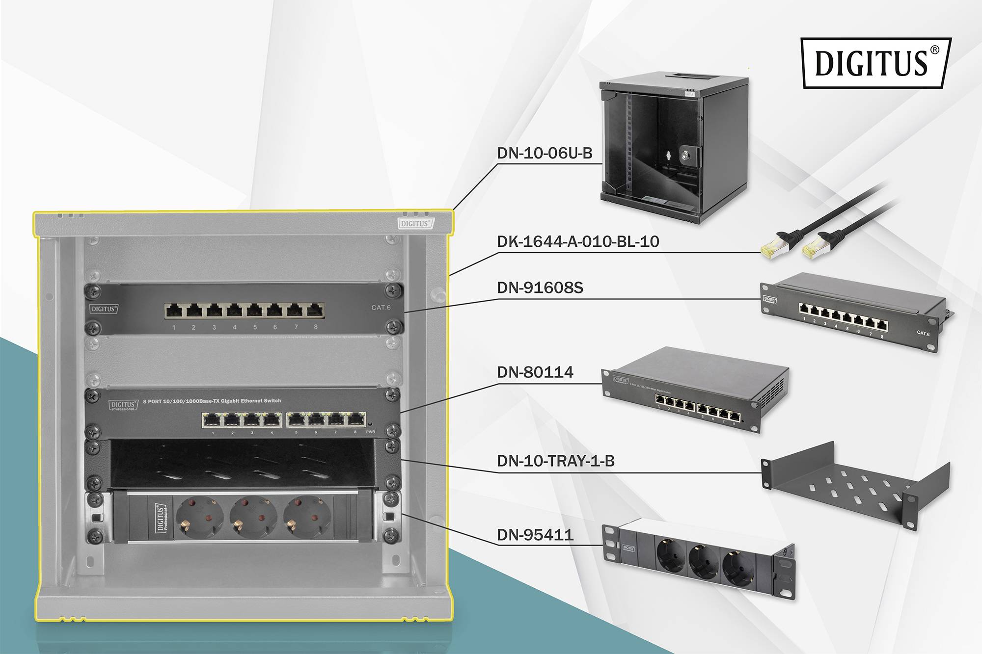 'Digitus' Netwerk-compacteverdeler met meerdere gemonteerde patchpaneel-modules en aansluitkabels getoond. Apparaataanduiding en modellen aangeduid.
