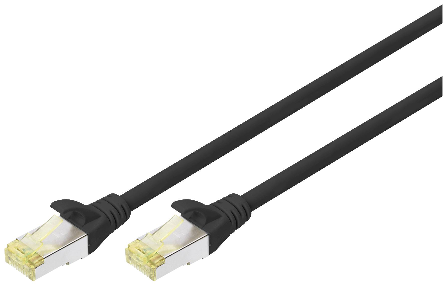 Zwart Ethernet-kabel met twee RJ-45-connectoren, gebruikt voor netwerkverbinding.