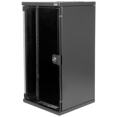 Een zwarte, rechthoekige netwerkbehuizing met een glazen deur en een metalen handgreep, geschikt voor het huisvesten van netwerkapparatuur.