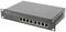 Een zwarte 8-poorts Gigabit-switch met Ethernet-poorten, geschikt voor gebruik in netwerkomgevingen.