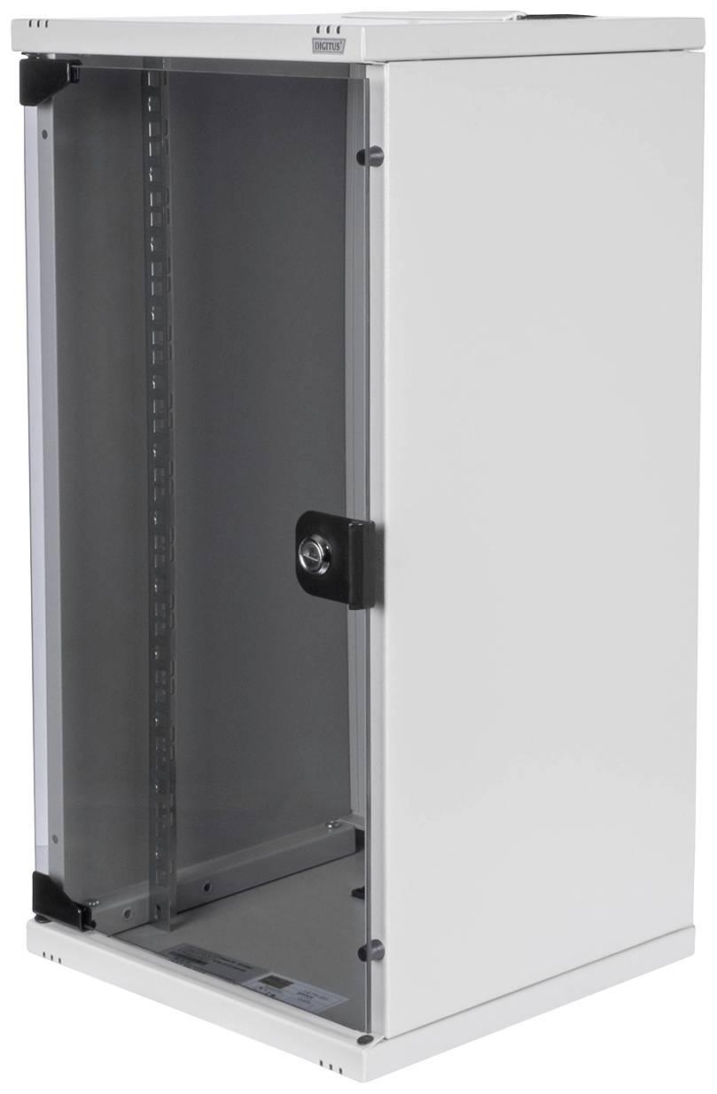 Een lege, witte metalen kast met een glazen voorpaneel en zijdeur, geschikt voor het opslaan van technische apparatuur of servers.