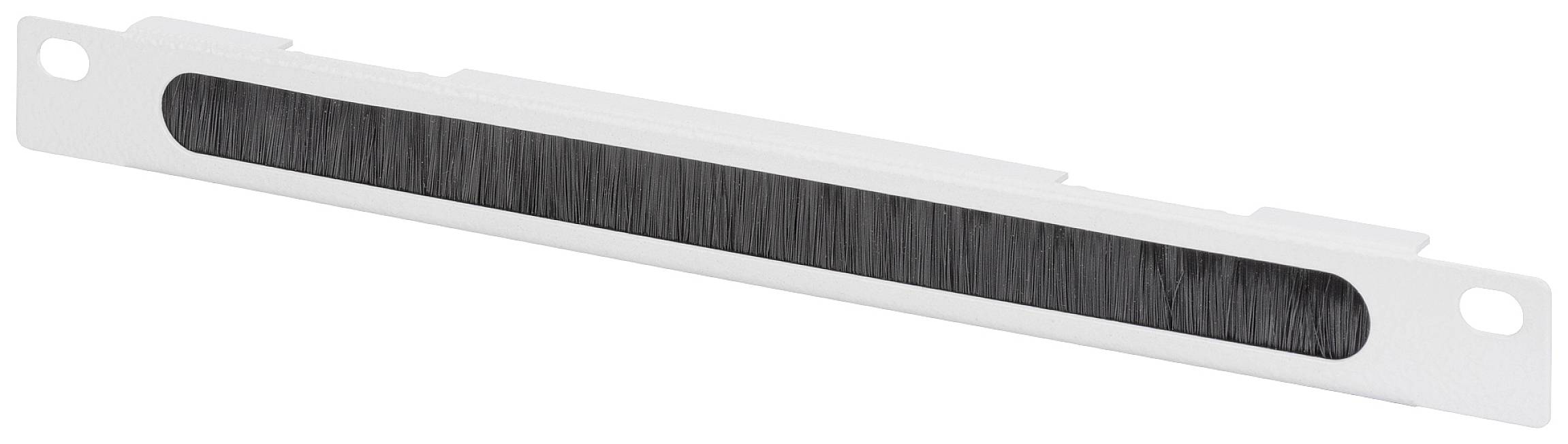 Een grijze kabelborstelstrip voor een rek die een nette kabelgeleiding mogelijk maakt voor organisatie en bescherming.