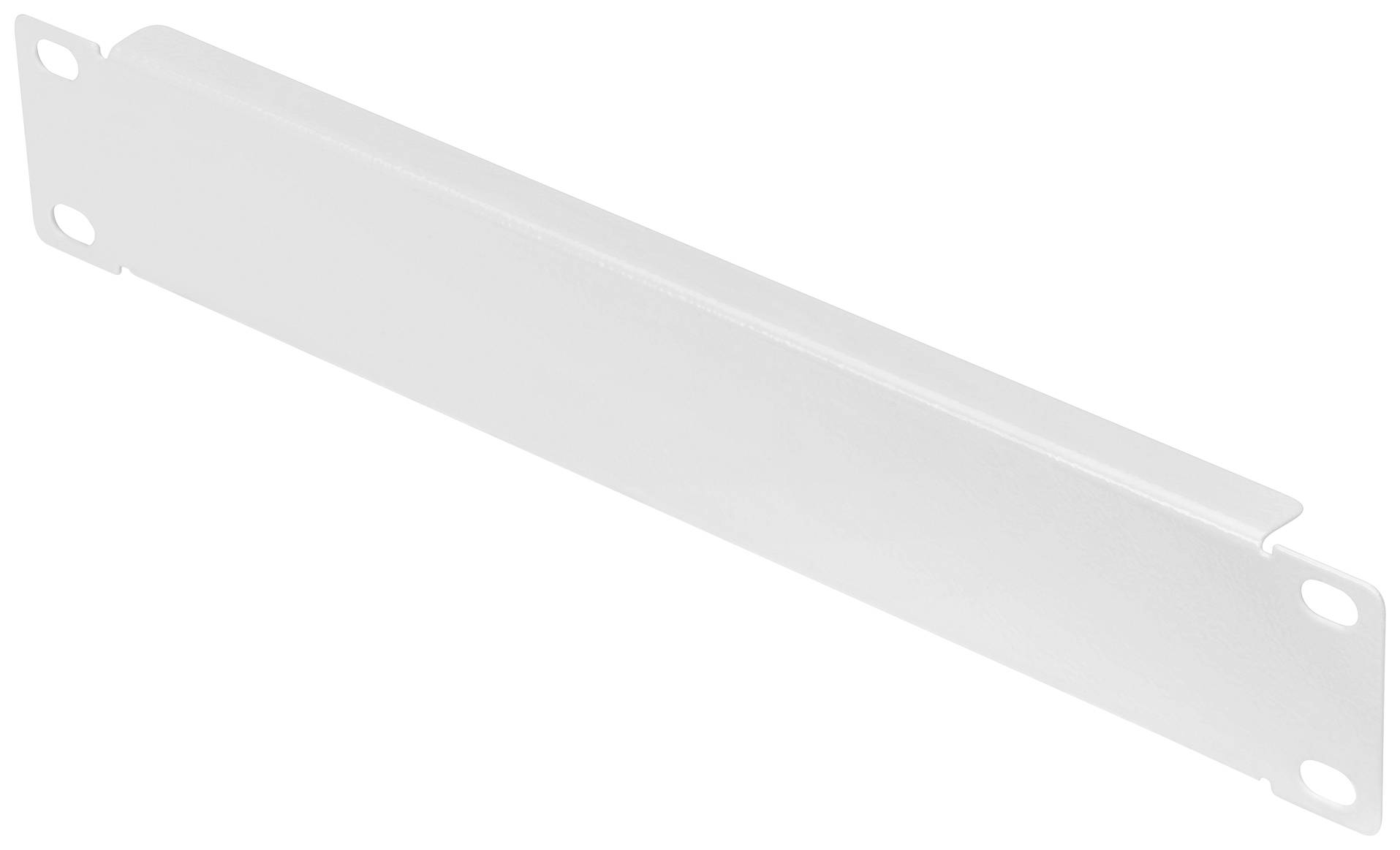 Een wit metalen blinddeksel, rechthoekig, met afgeronde hoeken en gaten aan de uiteinden, vermoedelijk bedoeld voor montage in een serverrek.