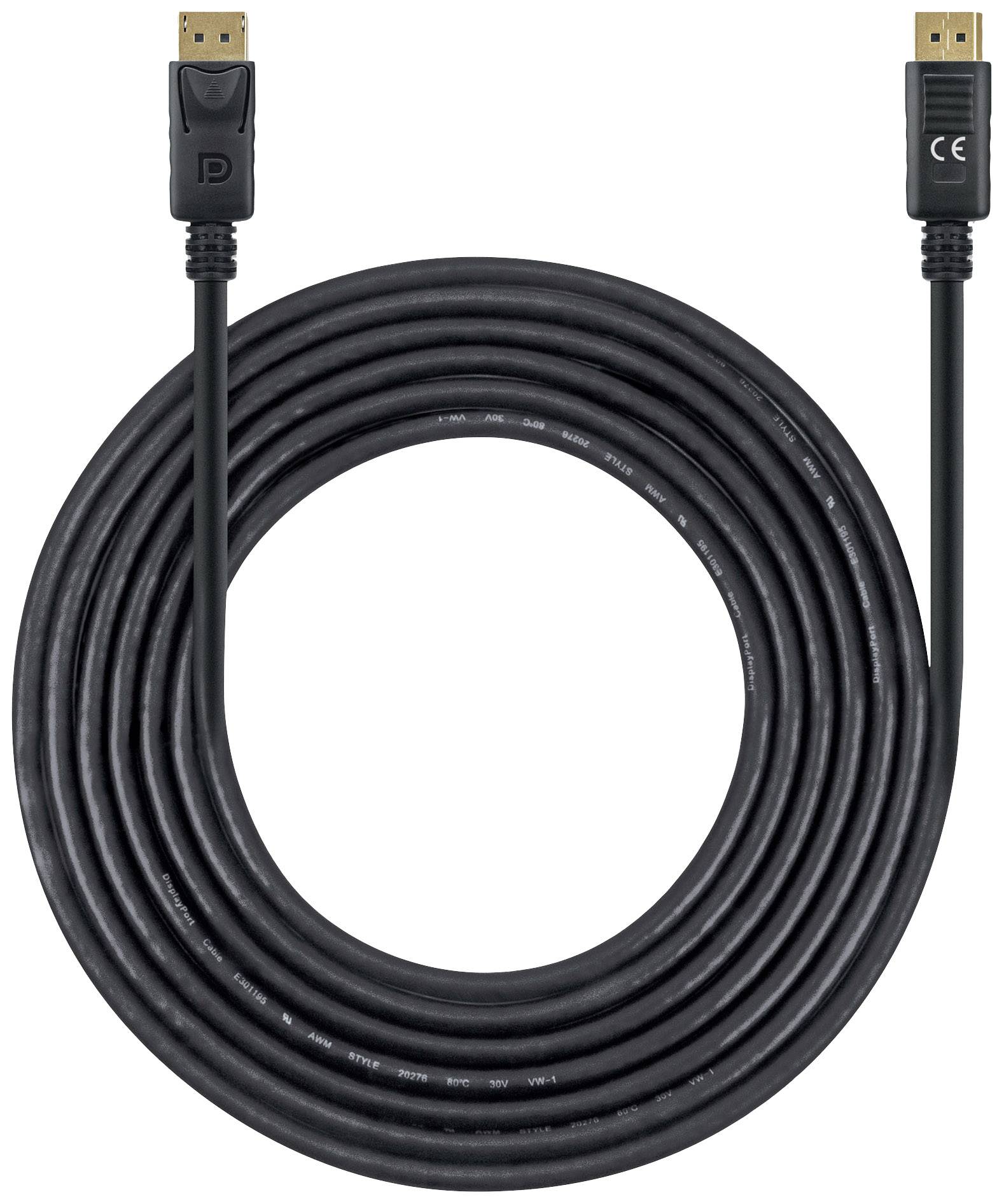 Een zwart DisplayPort-kabel, opgerold, met aansluitingen aan beide uiteinden, geschikt voor het overdragen van video- en audiosignalen.