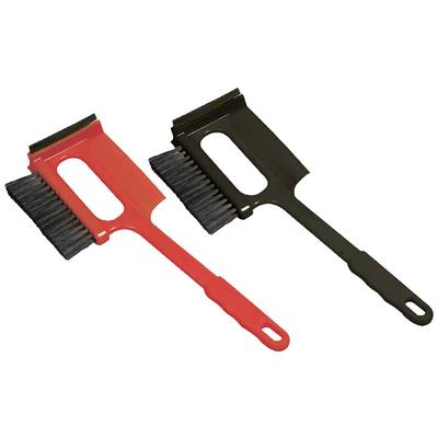 Twee ijskrabbers met geïntegreerde bezem, één rood en één zwart. De borstels zijn aan de bovenkant geplaatst, geschikt voor het verwijderen van sneeuw.
