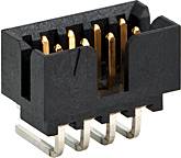 Zwarte kunststof stekkerverbinding met goudkleurige pins, geschikt voor elektronische aansluitingen op printplaten.