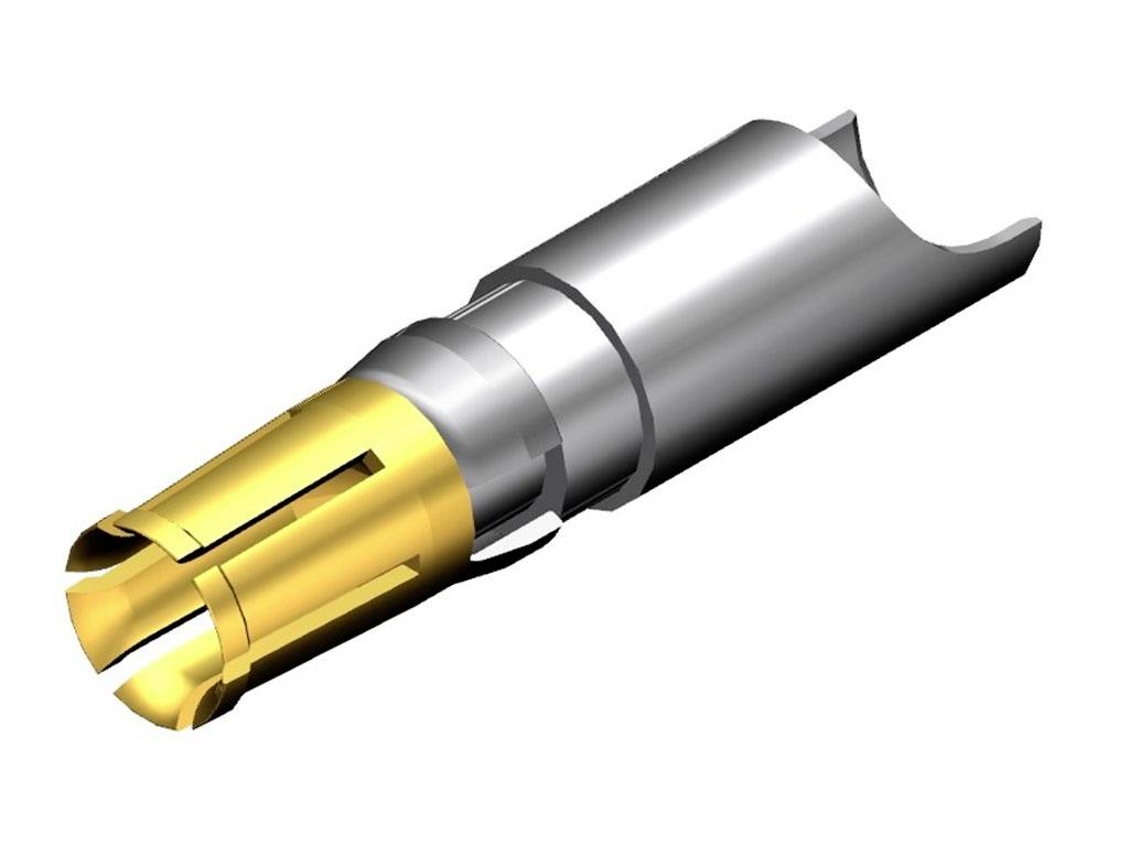 Een metalen stekker van zilver en goud, conisch gevormd, met een afgeronde kant. Gebruikt voor elektrische verbindingen.