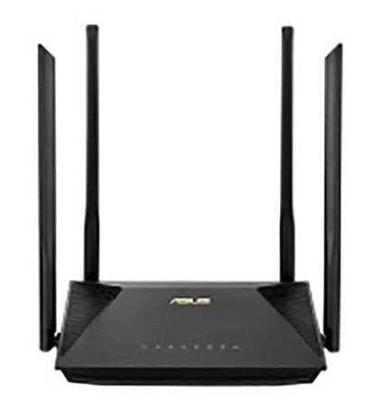 Een zwarte wifi-router met vier rechtopstaande antennes.