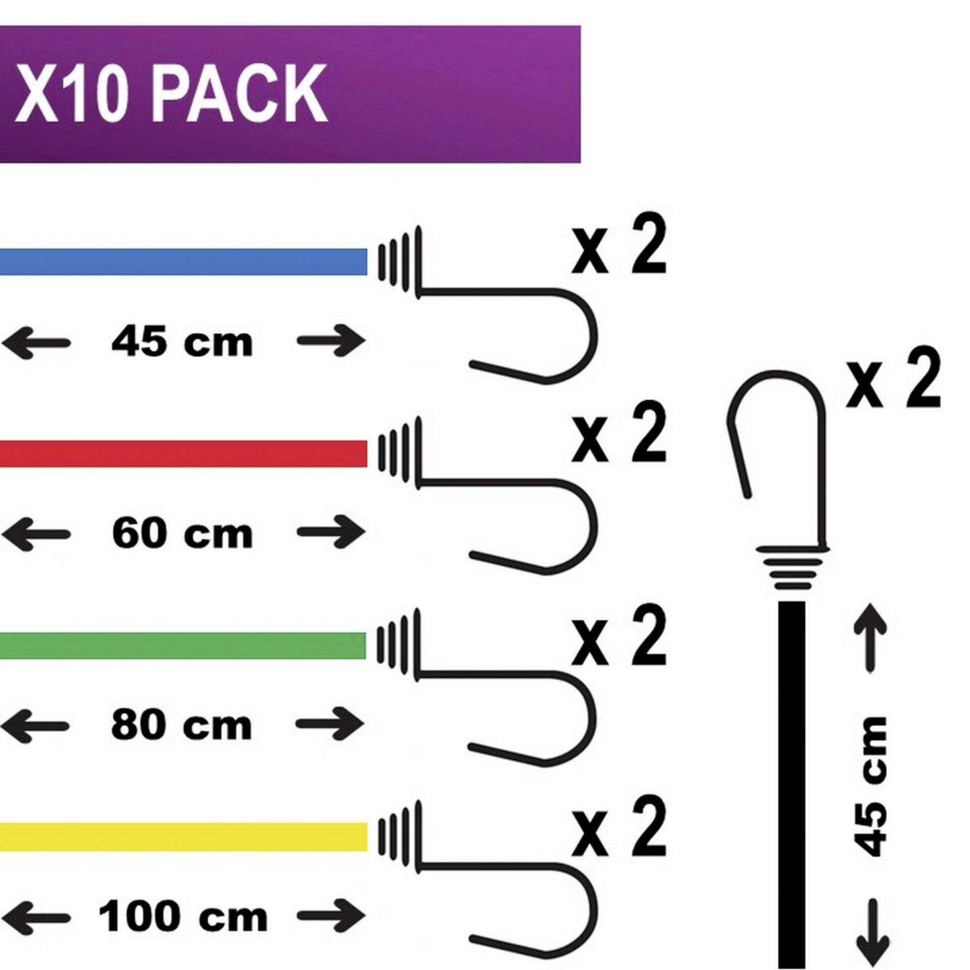 De afbeelding toont een set van tien expanderbanden in verschillende kleuren (blauw, rood, groen, geel, zwart), elk met een lengte van 45 cm.